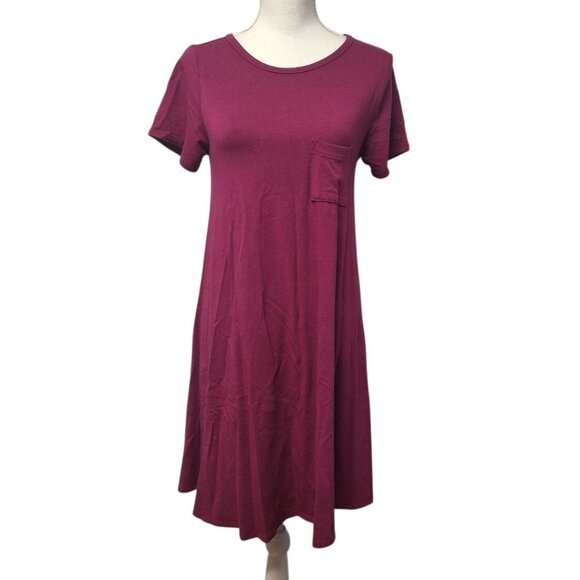 Lularoe Burgundy Carly Dress Womens XS Tee Shirt Style Front Chest Pocket Knee - Picture 1 of 11